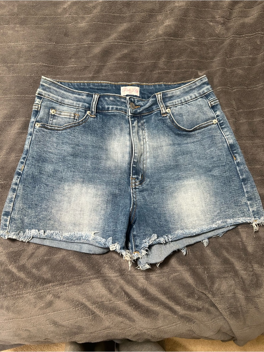 Pink Lily Washed Blue Distressed High-Rise Jean Shorts